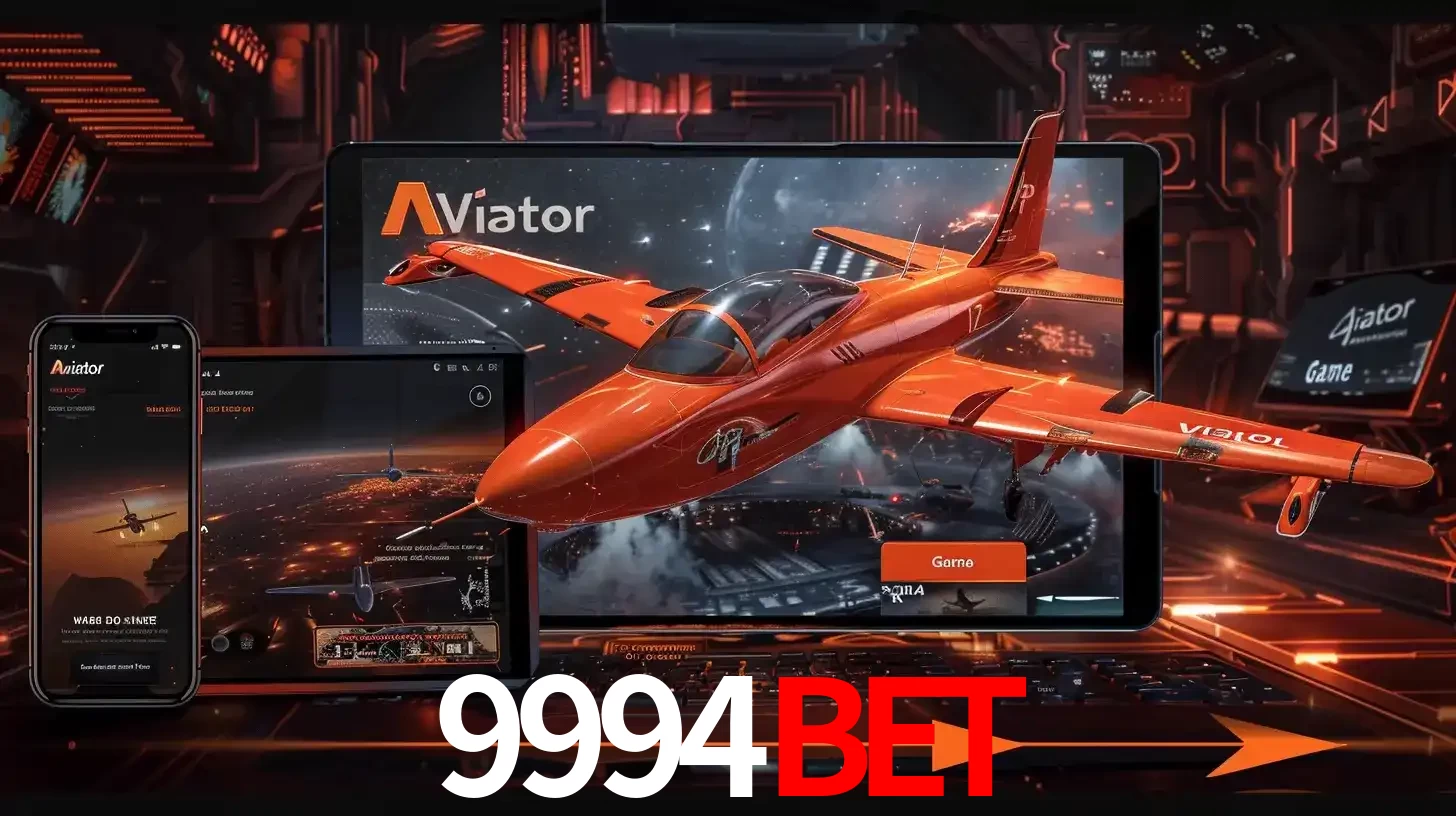 Apresentação tecnológica do jogo Aviator com um avião saindo da tela de um tablet, demonstrando a experiência imersiva em múltiplos dispositivos no 9994BET.