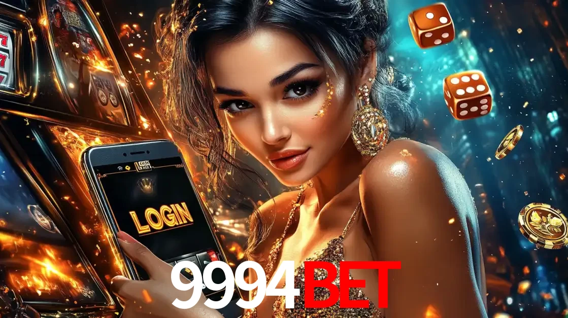 Mulher glamourosa segurando um celular com a tela de login do cassino 9994BET, rodeada por dados e moedas douradas, pronta para começar a diversão.