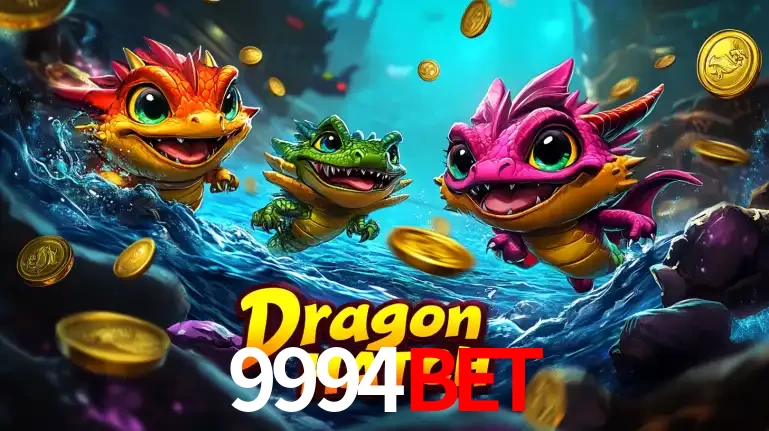 Arte promocional do jogo Dragon Hatch com três adoráveis dragões bebês nadando entre moedas de ouro, um dos slots mais divertidos para jogar no cassino 9994BET.