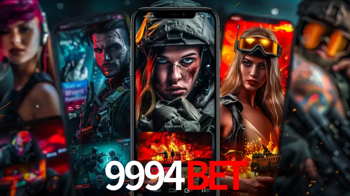 Montagem de telas de celular mostrando diversos personagens, masculinos e femininos, de um jogo de tiro, ilustrando a diversidade de equipes de e-sports para apostar no 9994BET.
