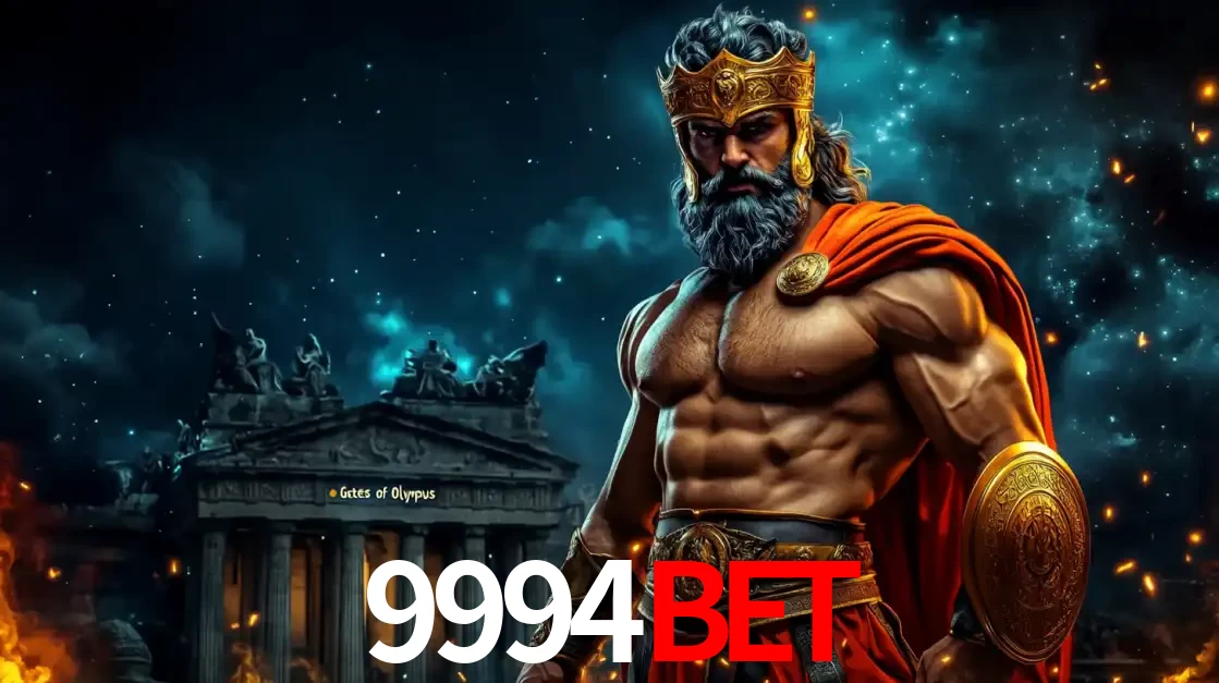 O poderoso Zeus do jogo de slot Gates of Olympus em frente ao seu templo, pronto para lançar multiplicadores divinos e prêmios épicos no cassino online 9994BET.