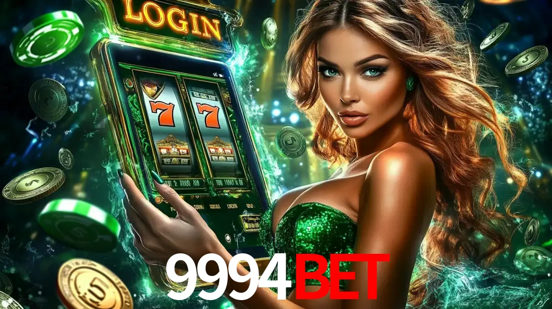 Mulher com tema verde apresentando o aplicativo do cassino 9994BET com um jogo de slot de 777, cercada por fichas de cassino e uma aura de sorte.