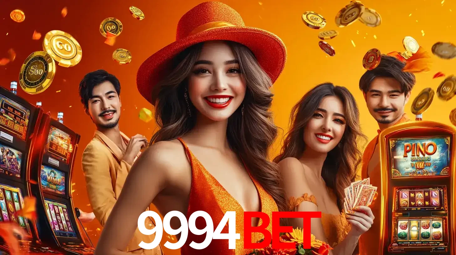 Grupo de amigos asiáticos sorrindo e se divertindo com máquinas de caça-níqueis em um ambiente festivo, celebrando suas vitórias nos jogos de cassino do 9994BET.
