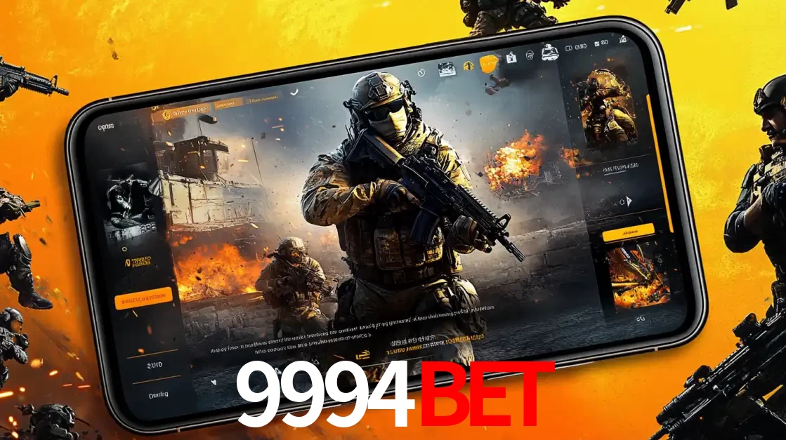 Um smartphone exibindo a interface de um jogo de tiro em primeira pessoa, com um soldado em um cenário de batalha, representando a ação dos e-sports para apostar no 9994BET.