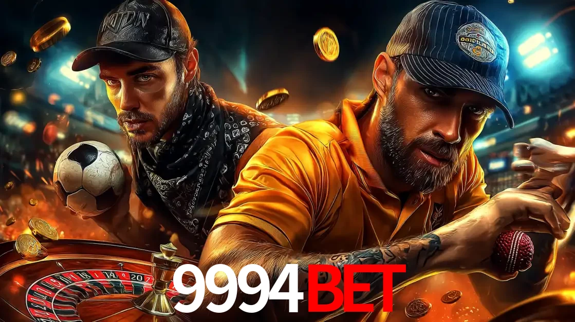 Montagem de apostas esportivas e cassino no 9994BET, com um homem segurando uma bola de futebol e outro uma de beisebol sobre uma roleta e moedas voadoras.