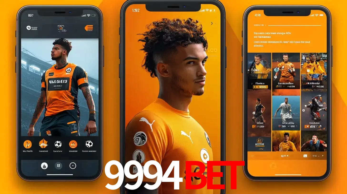 Interface do aplicativo de apostas esportivas 9994BET em três telas de celular, mostrando o perfil de um jogador de futebol e a lista de jogos disponíveis para apostar.
