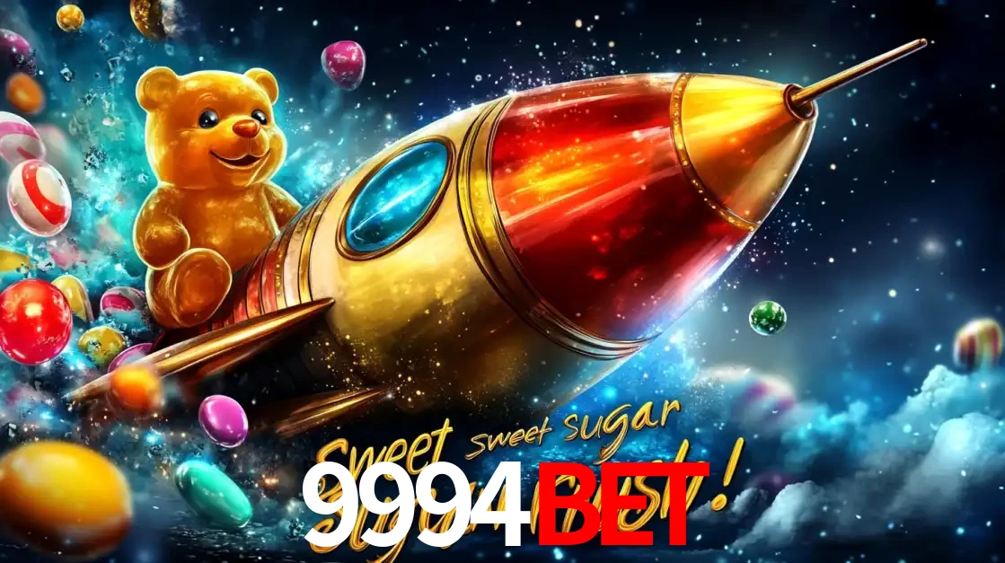 Arte promocional do jogo de slot Sugar Rush, com um urso de pelúcia em um foguete viajando pelo espaço de doces, um dos jogos divertidos disponíveis no cassino 9994BET.