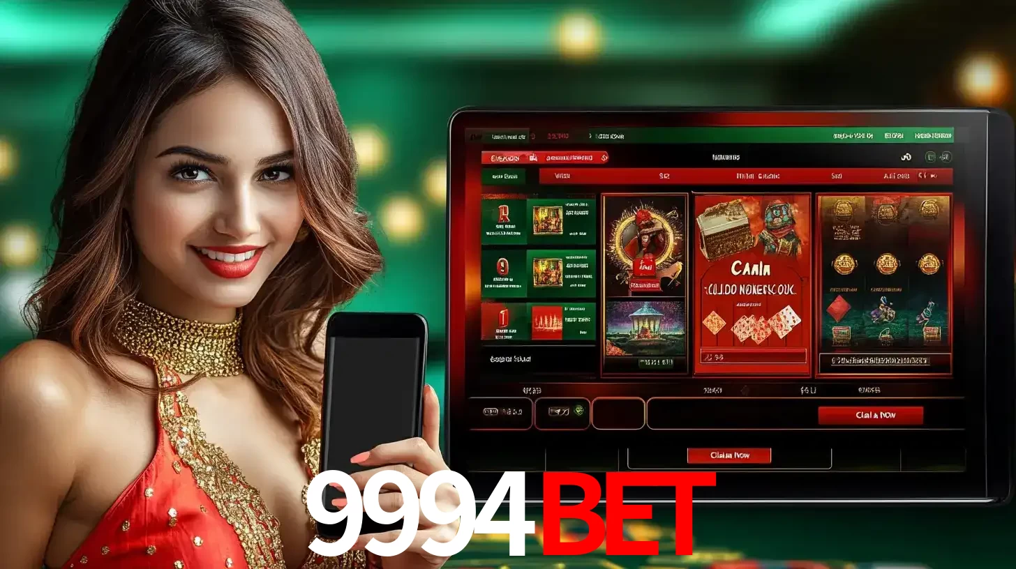 Mulher sorridente segurando um smartphone, ao lado de uma tela exibindo o lobby de jogos do cassino online 9994BET, com várias opções de jogos de cartas e slots.